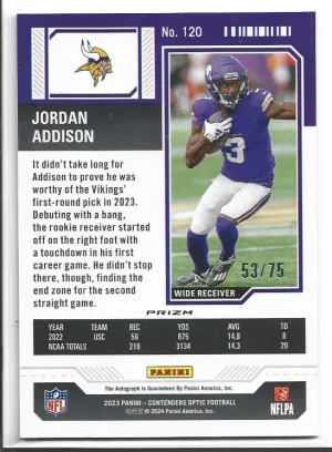 2023 Optic Contenders Jordan Addison Blue Rookie Ticket Auto /75 back
